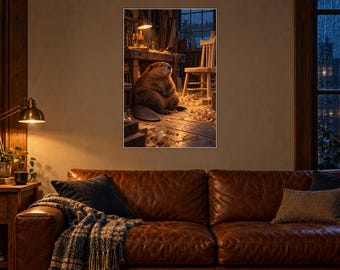 Beaver Workshop Art Print | Cozy Woodworking Study Wall Decor