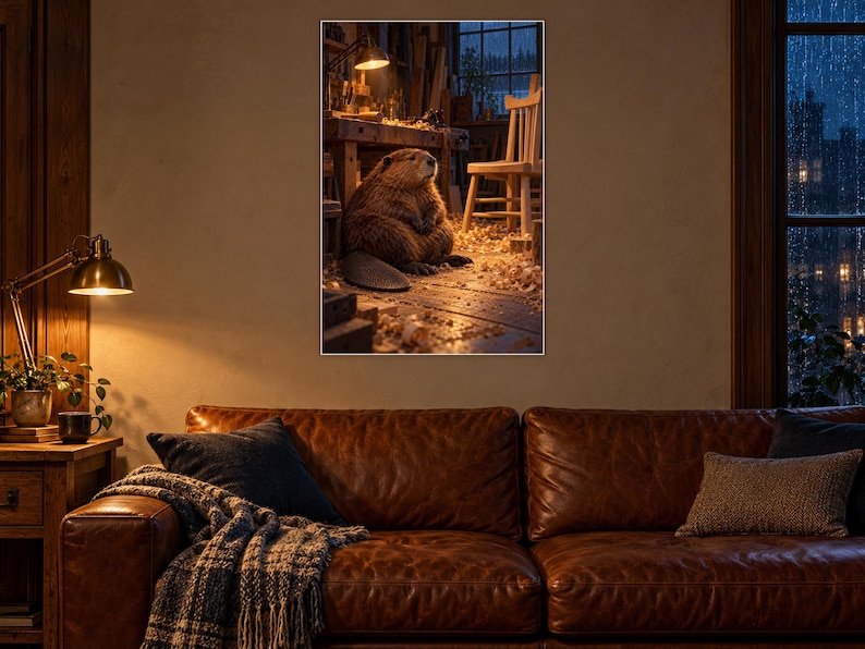 May include: A rectangular wall art print featuring a brown beaver sitting on a wooden floor in a workshop. The scene includes a workbench, a wooden chair, and wood shavings scattered across the floor, all illuminated by a warm desk lamp.
