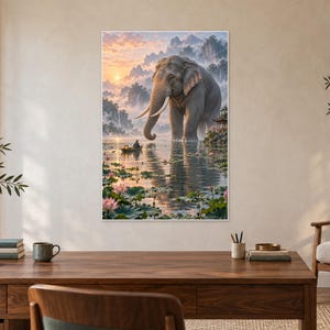 Elephant Lotus Lake Art Print | Peaceful Fantasy Wall Decor image 2