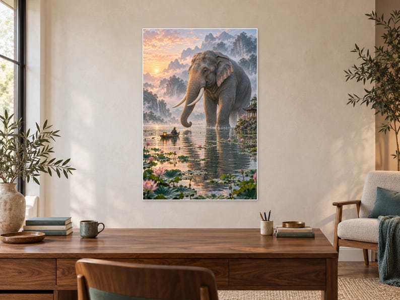 Elephant Lotus Lake Art Print | Peaceful Fantasy Wall Decor image 2