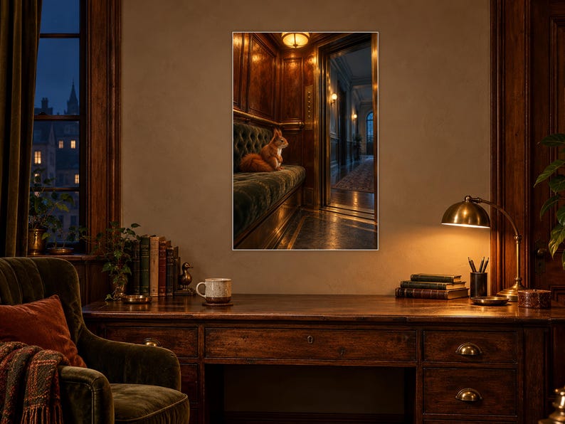 Squirrel Elevator Art Print | Warm Amber Night Wall Decor image 2