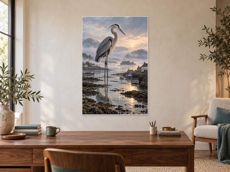 Op de afbeelding: Een verticale wandkunstprint met een grote grijze reiger die bij zonsopgang in ondiep kustwater staat. De achtergrond toont een mistige haven met kleine boten, rotsachtige oevers en verre heuvels onder een zachte, bewolkte lucht.