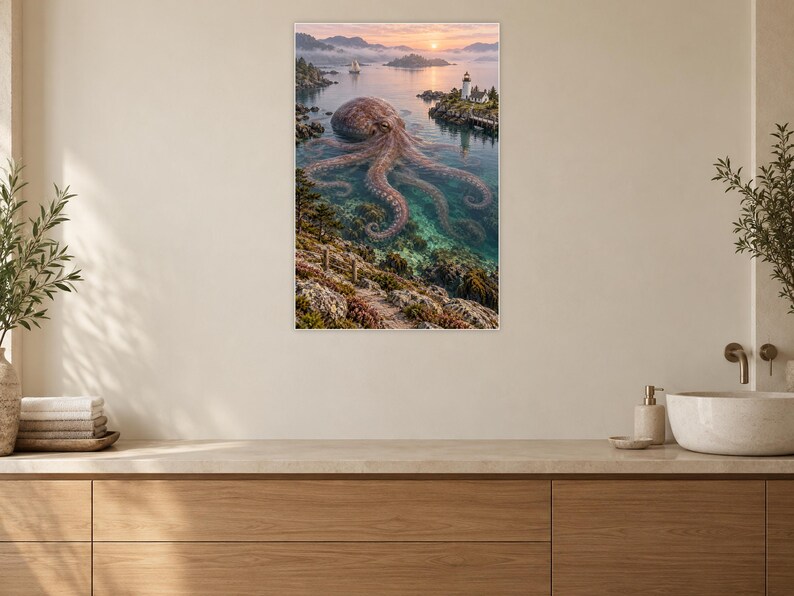 Octopus Art Print | Coastal Lighthouse Fantasy Wall Decor image 10
