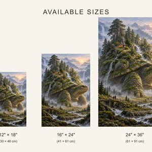 May include: Three vertical wall art prints labeled AVAILABLE SIZES, depicting a giant turtle with a mountain landscape on its shell. Sizes shown are 12" x 18", 16" x 24", and 24" x 36". The scene features waterfalls, pine trees, and a sunset.