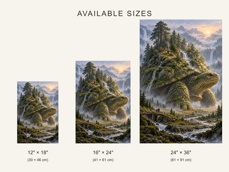 May include: Three vertical wall art prints labeled AVAILABLE SIZES, depicting a giant turtle with a mountain landscape on its shell. Sizes shown are 12" x 18", 16" x 24", and 24" x 36". The scene features waterfalls, pine trees, and a sunset.
