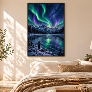 Framed Aurora Borealis Night Sky Print | Northern Lights Landscape Wall Art | Arctic Starry Sky Poster imagen 1