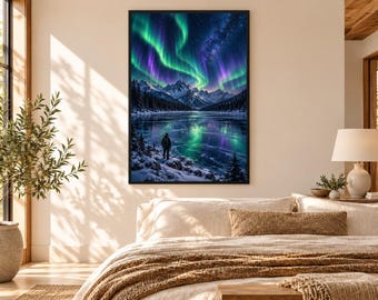 Framed Aurora Borealis Night Sky Print | Northern Lights Landscape Wall Art | Arctic Starry Sky Poster