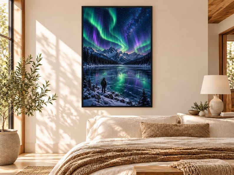 Framed Aurora Borealis Night Sky Print | Northern Lights Landscape Wall Art | Arctic Starry Sky Poster imagen 1