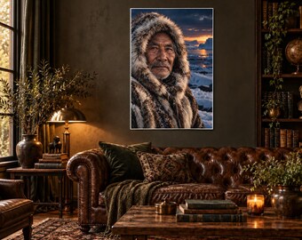 Framed Arctic Elder Portrait Print | Moody Winter Character Wall Art | Cinematic Fine Art Poster