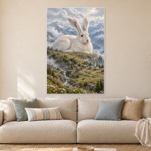 Lámina artística de liebre de montaña blanca / Decoración de pared de fantasía de pueblo alpino imagen 1