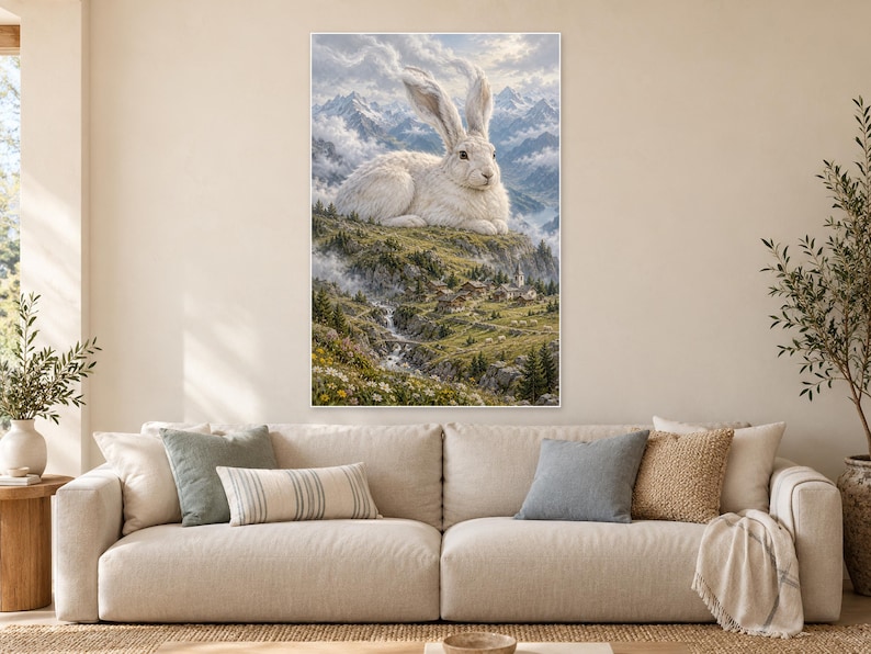 Lámina artística de liebre de montaña blanca / Decoración de pared de fantasía de pueblo alpino imagen 1