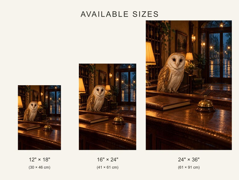 Barn Owl Hotel Desk Art Print | Warm Night Library Wall Decor image 4