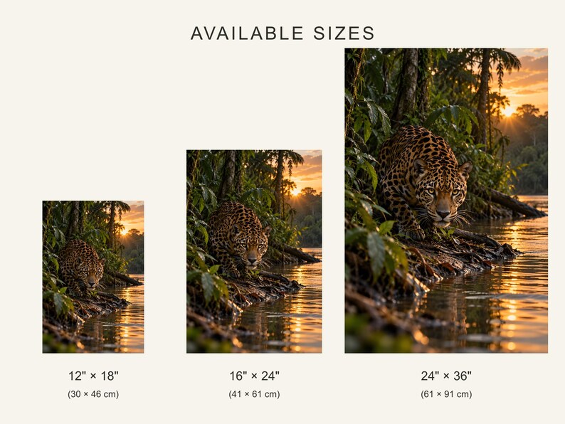 K&ouml;nnte beinhalten: Drei vertikale Wandbilder mit einem Jaguar in einer Dschungellandschaft bei Sonnenuntergang. Der Text AVAILABLE SIZES steht &uuml;ber drei Drucken mit den Ma&szlig;en 30 x 46 cm, 41 x 61 cm und 61 x 91 cm, die unter jedem Bild angegeben sind.