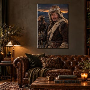 Mongolian Eagle Hunter Portrait Print | Epic Character Wall Art | Cinematic Wildlife Poster image 1