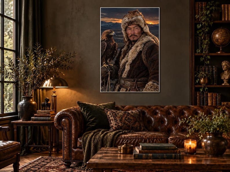 Mongolian Eagle Hunter Portrait Print | Epic Character Wall Art | Cinematic Wildlife Poster image 1