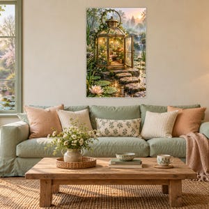 Lámina artística de invernadero con farol / Decoración de pared para estanque de jardín botánico imagen 1