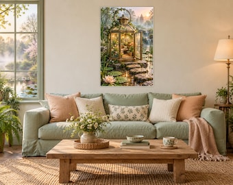 Lantern Greenhouse Art Print | Botanical Garden Pond Wall Decor