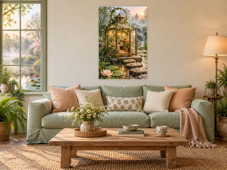 Lámina artística de invernadero con farol / Decoración de pared para estanque de jardín botánico imagen 1