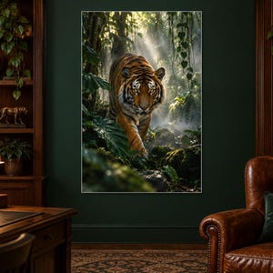 Puede incluir: Un cuadro rectangular que muestra a un tigre caminando por una selva brumosa e iluminada por el sol, con follaje verde denso y enredaderas colgantes. El tigre tiene pelaje naranja con rayas negras y ojos amarillos intensos en su h&aacute;bitat.