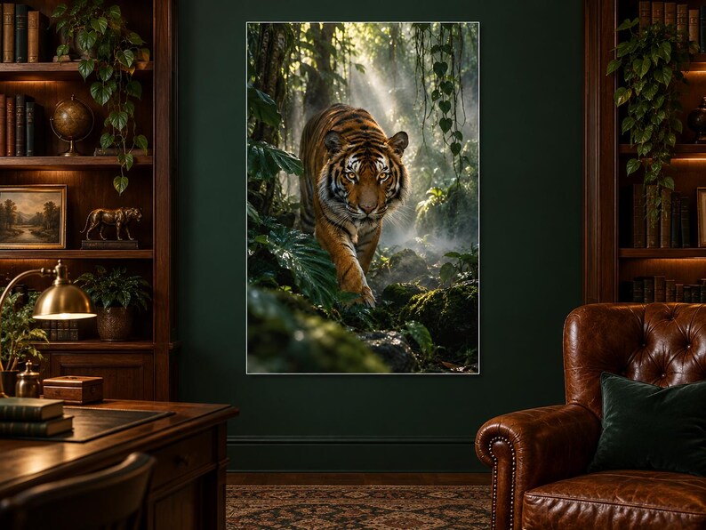 Puede incluir: Un cuadro rectangular que muestra a un tigre caminando por una selva brumosa e iluminada por el sol, con follaje verde denso y enredaderas colgantes. El tigre tiene pelaje naranja con rayas negras y ojos amarillos intensos en su h&aacute;bitat.