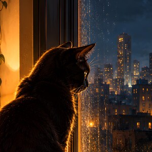 Black Cat Window Art Print | Rainy City Skyline Wall Decor image 3