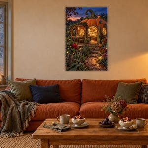 Pu&ograve; includere: Una stampa artistica da parete rettangolare che raffigura una casa a forma di zucca con finestre illuminate, un sentiero in pietra e un rigoglioso fogliame da giardino al crepuscolo, esposta sopra un divano color arancio bruciato.