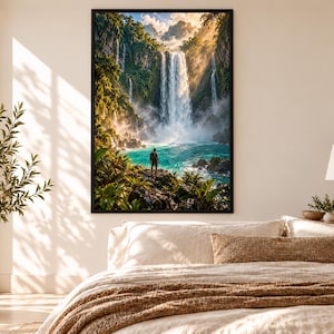 Framed Waterfall Lagoon Print | Tropical Jungle Wall Art | Cascading Falls Nature Poster image 1