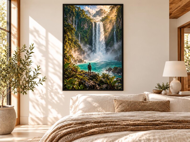 Framed Waterfall Lagoon Print | Tropical Jungle Wall Art | Cascading Falls Nature Poster image 1