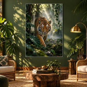 Puede incluir: Un gran cuadro rectangular de pared que muestra a un tigre caminando a trav&eacute;s de una selva densa e iluminada por el sol con follaje verde exuberante, rocas cubiertas de musgo y enredaderas colgantes. El tigre tiene rayas naranjas y negras.