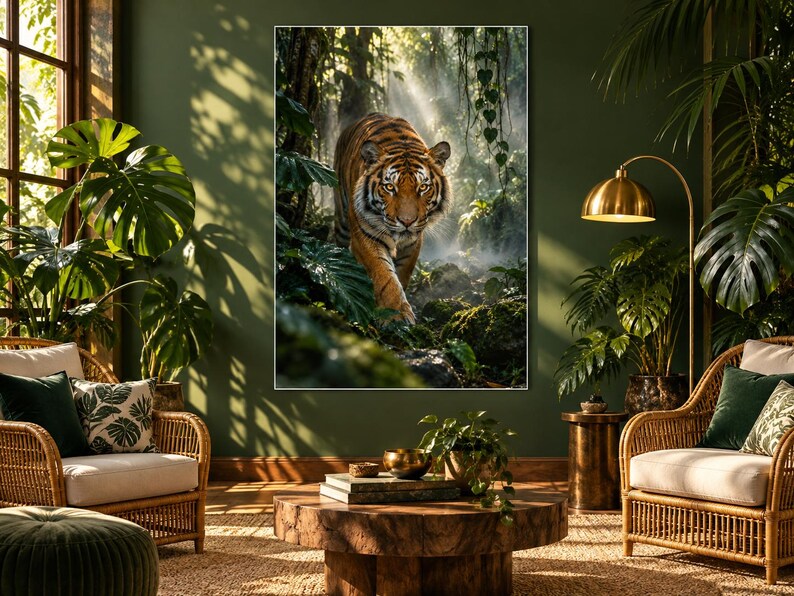 Puede incluir: Un gran cuadro rectangular de pared que muestra a un tigre caminando a trav&eacute;s de una selva densa e iluminada por el sol con follaje verde exuberante, rocas cubiertas de musgo y enredaderas colgantes. El tigre tiene rayas naranjas y negras.