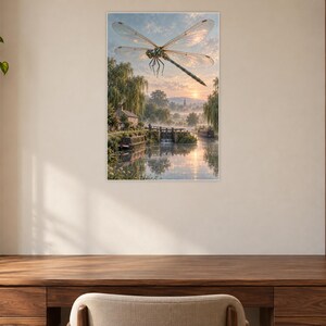 Dragonfly Art Print | Misty Canal Fantasy Wall Decor immagine 7