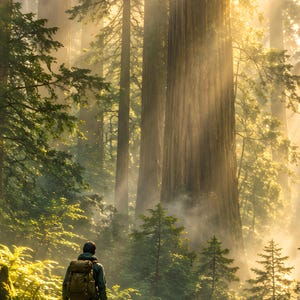 Peut inclure: Une personne portant un sac &agrave; dos se tient dans une for&ecirc;t dense avec des s&eacute;quoias imposants. La lumi&egrave;re dor&eacute;e du soleil filtre &agrave; travers la canop&eacute;e &eacute;paisse et la brume, illuminant l'&eacute;corce textur&eacute;e des troncs massifs et le feuillage vert.