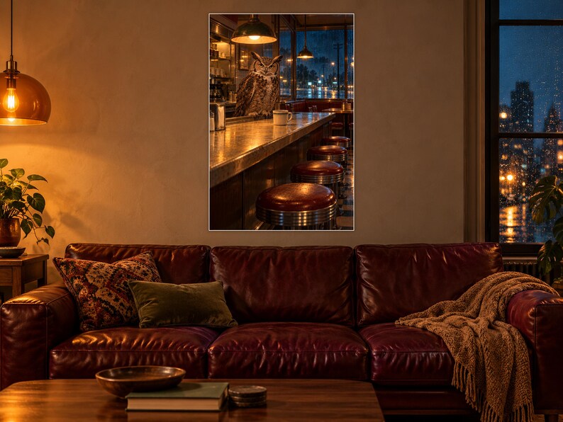 May include: A framed wall art print depicting a diner interior at night with a great horned owl perched on the counter. The scene features a long bar, red vinyl stools, and warm overhead lighting, creating a moody atmosphere in a dark room.