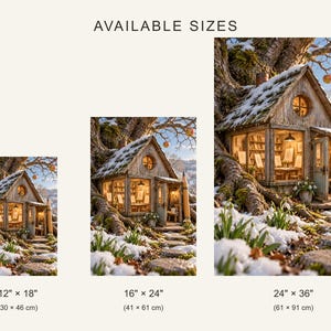 Puede incluir: Tres impresiones de un estudio en una casa del &aacute;rbol nevada con un l&aacute;piz grande apoyado en el tronco, etiquetadas AVAILABLE SIZES con dimensiones de 30 x 46 cm, 41 x 61 cm y 61 x 91 cm debajo de cada imagen.