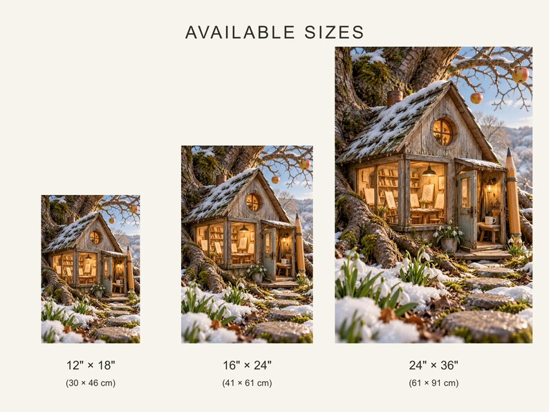 Puede incluir: Tres impresiones de un estudio en una casa del &aacute;rbol nevada con un l&aacute;piz grande apoyado en el tronco, etiquetadas AVAILABLE SIZES con dimensiones de 30 x 46 cm, 41 x 61 cm y 61 x 91 cm debajo de cada imagen.