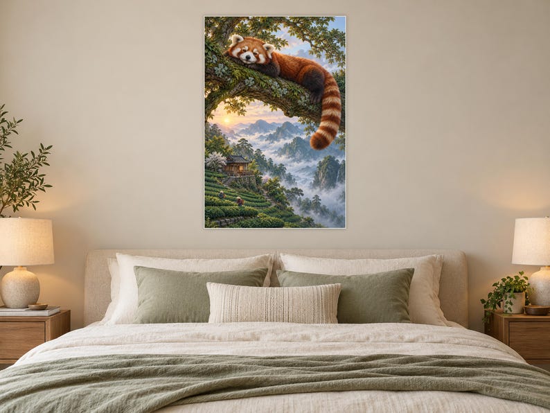 Red Panda Art Print | Misty Tea Garden Fantasy Wall Decor image 4