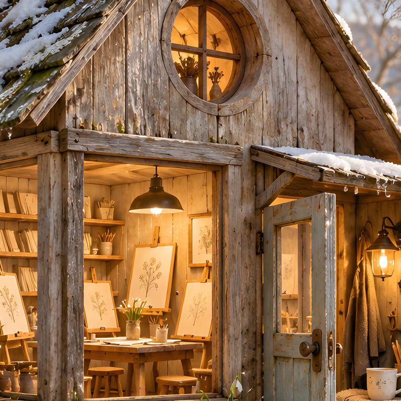 Puede incluir: Una caba&ntilde;a estudio de madera r&uacute;stica con techo nevado, que presenta una ventana circular, una puerta abierta y un espacio de trabajo interior con caballetes, bocetos bot&aacute;nicos, estantes de madera, taburetes e iluminaci&oacute;n.