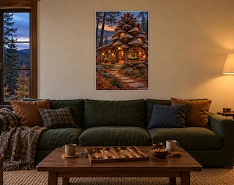 Kunstprint met dennenappelmotief voor de speelkamer | Muurdecoratie voor biljart met bosmotief