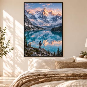 Framed Alpine Lake Landscape Print | Turquoise Mountain Reflection Poster | Epic Wanderlust Wall Art immagine 1