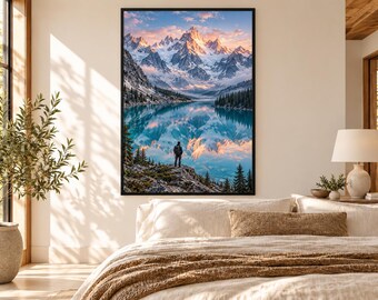 Framed Alpine Lake Landscape Print | Turquoise Mountain Reflection Poster | Epic Wanderlust Wall Art