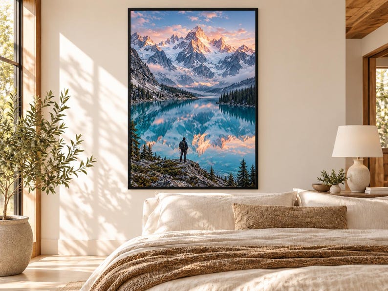 Framed Alpine Lake Landscape Print | Turquoise Mountain Reflection Poster | Epic Wanderlust Wall Art immagine 1