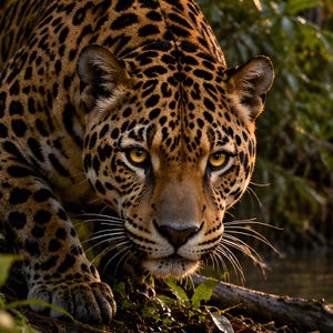 K&ouml;nnte beinhalten: Ein Jaguar mit goldbraunem Fell, das mit schwarzen Rosetten und Flecken bedeckt ist. Das Raubtier hat intensive bernsteinfarbene Augen, eine dunkle Nase und lange wei&szlig;e Schnurrhaare und ist in einer frontalen Haltung mit sichtbaren Vorderpfoten abgebildet.
