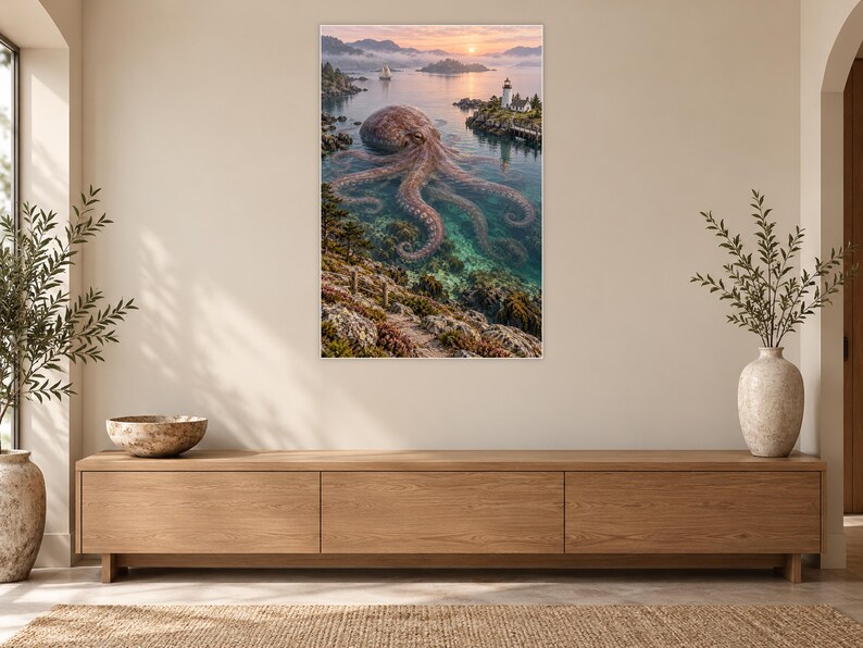 Octopus Art Print | Coastal Lighthouse Fantasy Wall Decor image 12