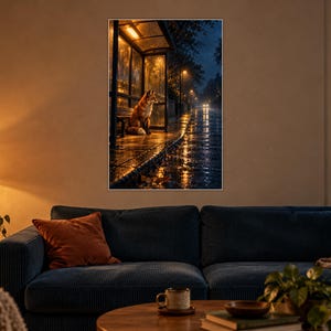 Fox Bus Stop Art Print | Rainy City Night Wall Decor image 1
