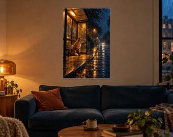 Fox Bus Stop Art Print | Rainy City Night Wall Decor