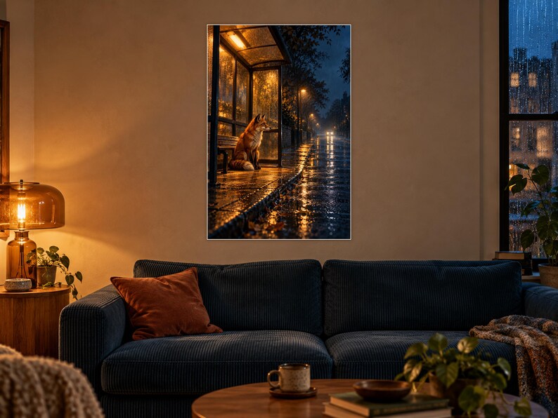 Fox Bus Stop Art Print | Rainy City Night Wall Decor image 1