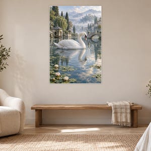 White Swan Art Print | Water Garden Fantasy Wall Decor bild 5