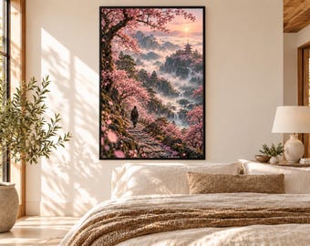 Lámina enmarcada de un bosque de cerezos en flor / Arte mural japonés de sakura / Póster de paisaje primaveral en flor