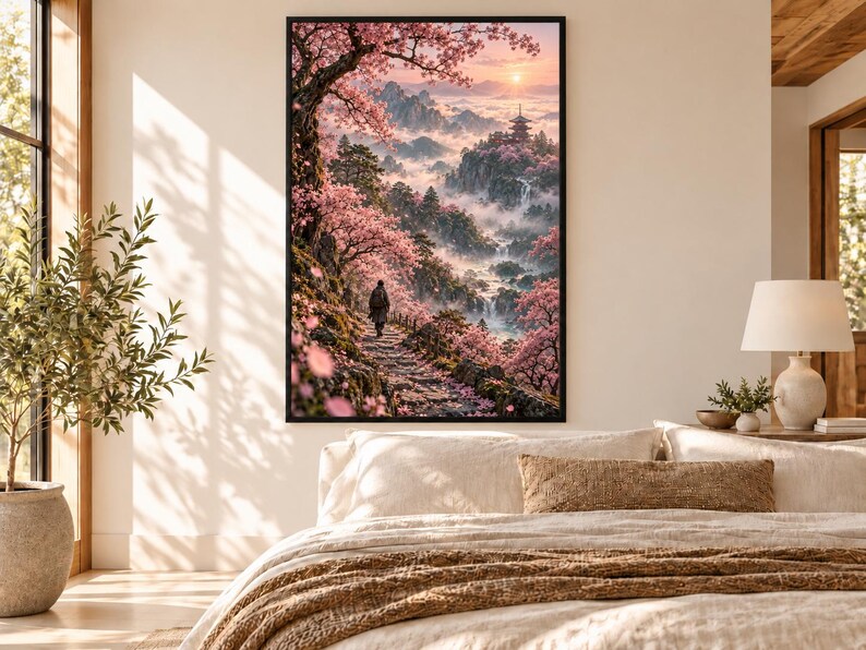 Gerahmter Kunstdruck: Kirschblütenhain | Japanische Sakura-Wandkunst | Frühlingsblüten-Landschaftsposter Bild 1