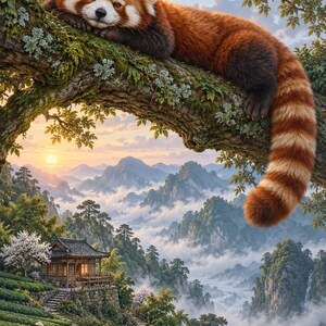 Red Panda Art Print | Misty Tea Garden Fantasy Wall Decor image 1